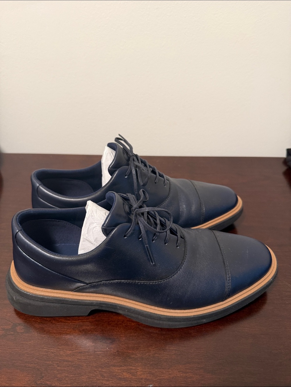 Cole Haan Navy Leather Cap-Toe Derby with Tan Contrast Welt